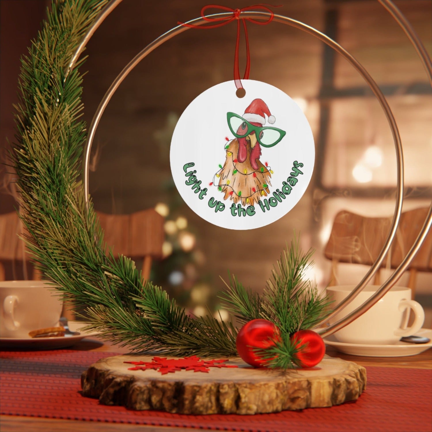 Printify Home Decor Round / One Size Christmas Ornament, Chicken Christmas Ornament, Chicken Gift, Rooster Gift, Funny Gift, Custom Ornament, Chicken Decor 13640407632438689720
